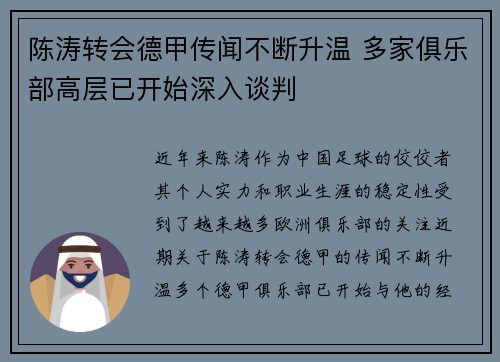 陈涛转会德甲传闻不断升温 多家俱乐部高层已开始深入谈判