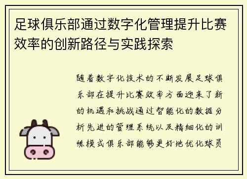 足球俱乐部通过数字化管理提升比赛效率的创新路径与实践探索